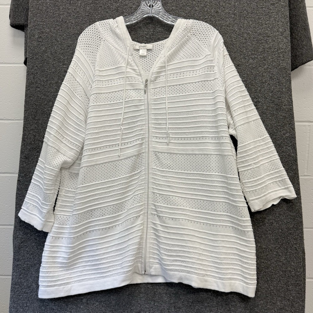 CJ Banks White Zip Light Hoodie Cardigan SZ 2X Knit Beachy Coastal Boho Resort